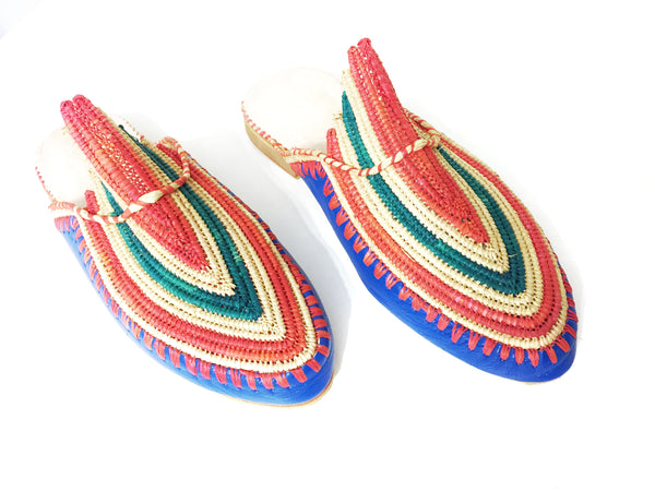 Akila Turquoise Blue Leather with Multi-Coloured Raffia Slippers