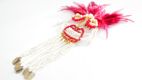 Ifenkili Beaded Red Crystal and Red Feather African Mask Hair Comb Sculpture