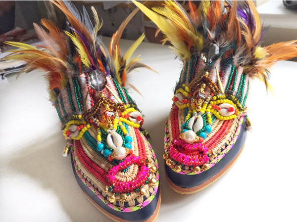 Lunas Embellished Beaded Leather And Raffia Feather Slippers
