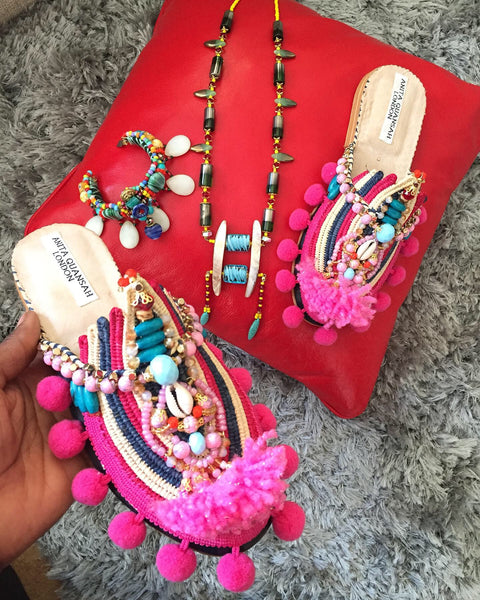 Chiara Multi-Beaded Embellished Raffia And Leather Tassel Slippers