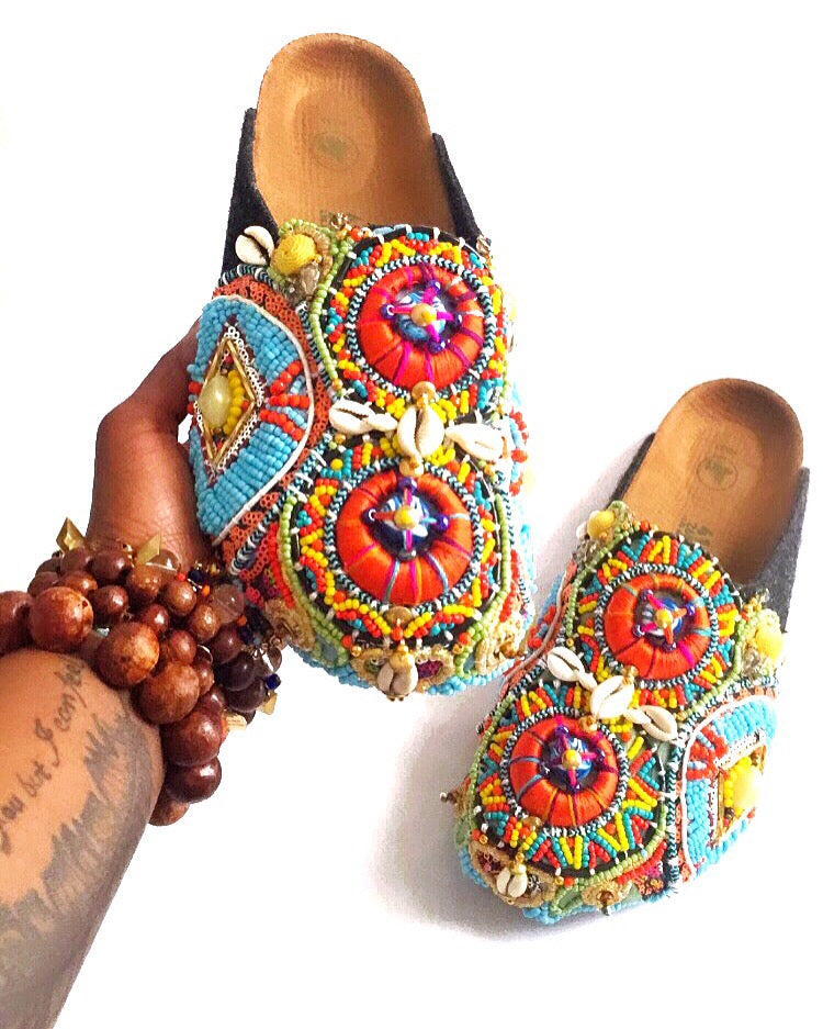 Multi-Beaded and Shell-Embellished Custom Birkenstock Vegan Clogs