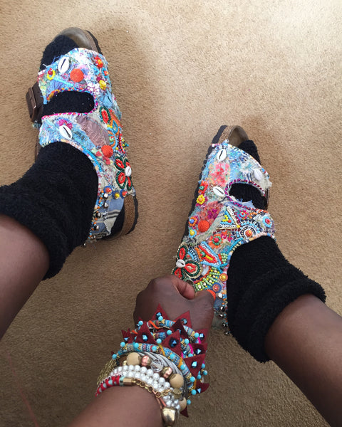Custom Made Embroidered, Applique Multi-Beaded and Shell-Embellished Sandals by Anita Quansah London