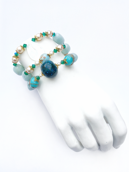 Juniper Mother of Pearl, Chrysocolla and Aquamarine Beaded Bracelet