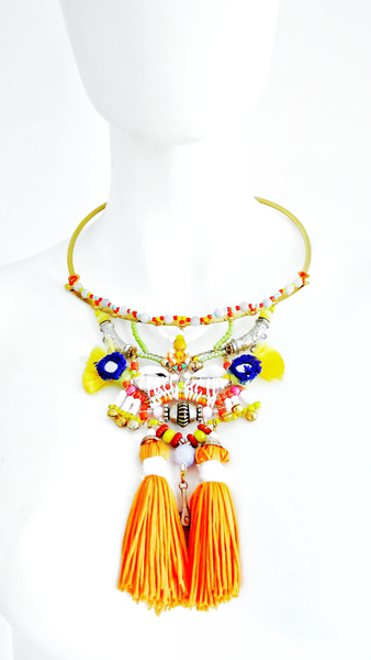 Ijele Multi Glass-Beaded Embellished Metal and Cowrie Shells Pendant Necklace with Jumbo Orange Tassels.
