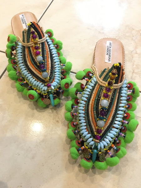 Linza Embellished Beaded Raffia and Leather Slippers
