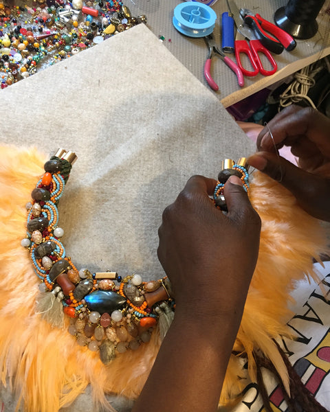 Eydis Multi-Beaded Jasper Labradorite and Agate Embellished Feather Collar Necklace