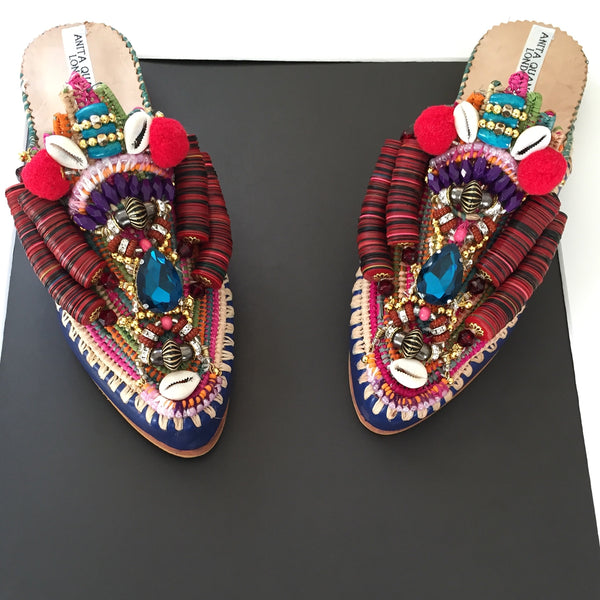 Zuly Multi-Beaded Embellished Raffia And Leather Slippers