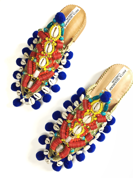 Olena Embellished Beaded Raffia and Leather Pom-Pom Slippers