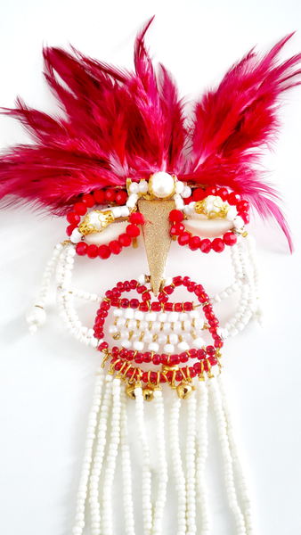 Ifenkili Beaded Red Crystal and Red Feather African Mask Hair Comb Sculpture