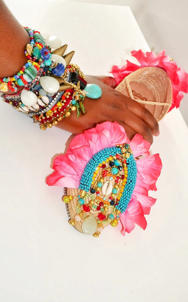 Asha Beaded and Rose Petals Embellished Raffia Ankle Tie Shoes