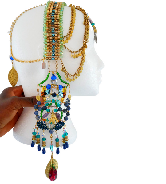 Emotan Multi-Beaded Swarovski Crystal and Gemstone Embellished Fringe Headpiece