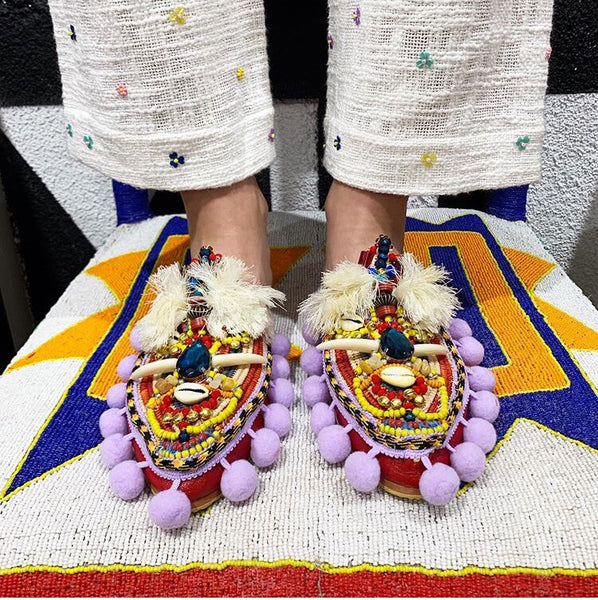 Odine Multi-Beaded Embellished Leather And Raffia Pom-Pom Slippers