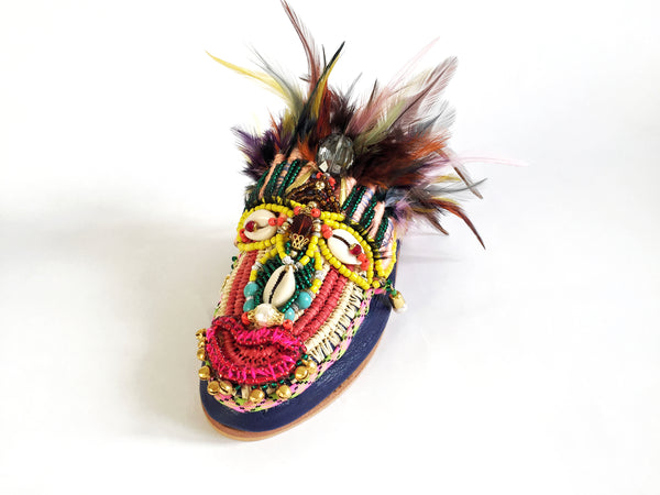 Lunas Embellished Beaded Leather And Raffia Feather Slippers