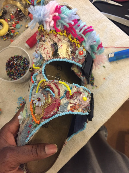Custom Made Upcycled Embroidered Applique, Multi-Beaded Embellished Tassel Sandals by Anita Quansah London