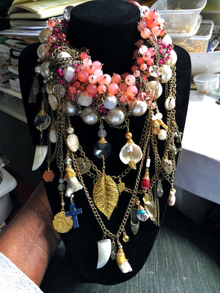 Sophia, Multi-Stone Embellished Chain Charm And Shell Statement Necklace