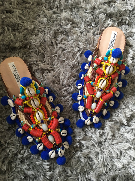 Olena Embellished Beaded Raffia and Leather Pom-Pom Slippers