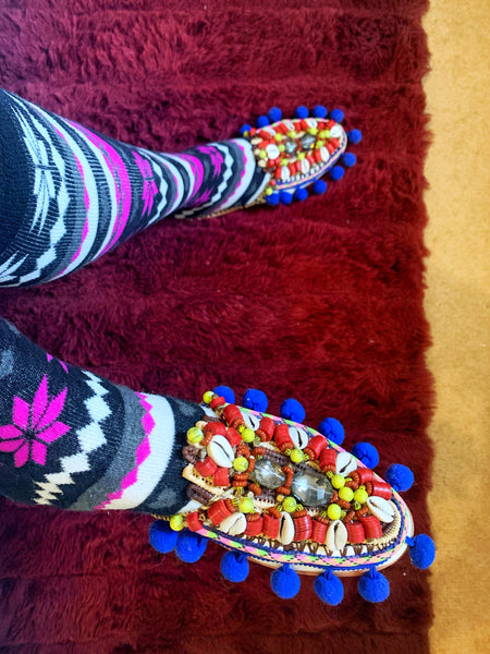 Zaza Beaded Crystal Pom-Pom Raffia And Leather Slippers