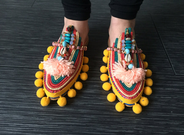 Chiara Multi-Beaded Embellished Raffia And Leather Tassel Slippers