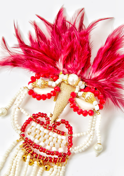 Ifenkili Beaded Red Crystal and Red Feather African Mask Hair Comb Sculpture