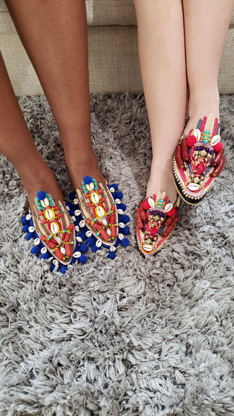 Olena Embellished Beaded Raffia and Leather Pom-Pom Slippers