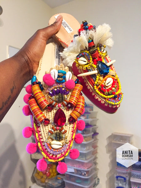 Zuly Embellished Raffia And Leather Pom-Pom Slippers