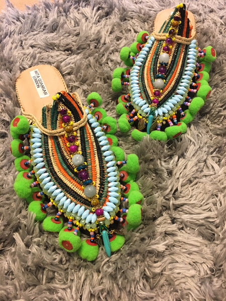 Linza Embellished Beaded Raffia and Leather Slippers