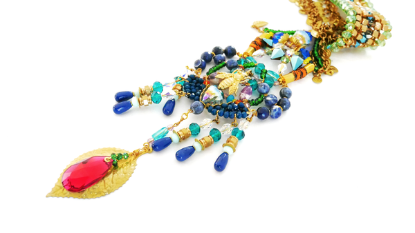 Emotan Multi-Beaded Swarovski Crystal and Gemstone Embellished Fringe Headpiece