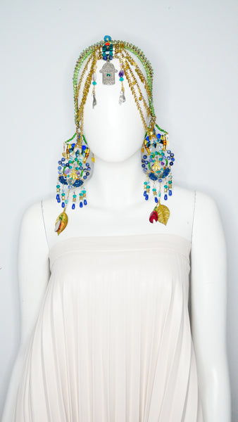 Emotan Multi-Beaded Swarovski Crystal and Gemstone Embellished Fringe Headpiece