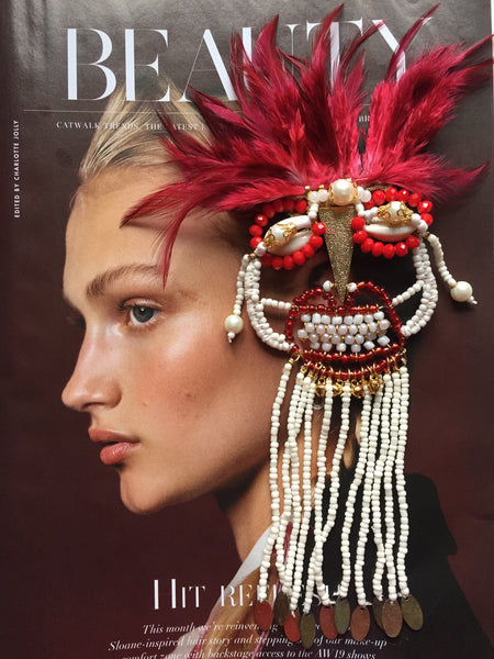 Ifenkili Beaded Red Crystal and Red Feather African Mask Hair Comb Sculpture