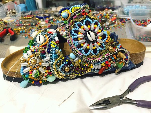 Multi-Glass Beaded and Crystal-Embellished Customised Sandals by Anita Quansah London