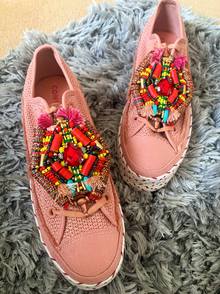 Ihuoma Glass and Vinyl Beaded Embellished Tassel Drop Post Earrings with Inlaid Red Teardrop Crystals