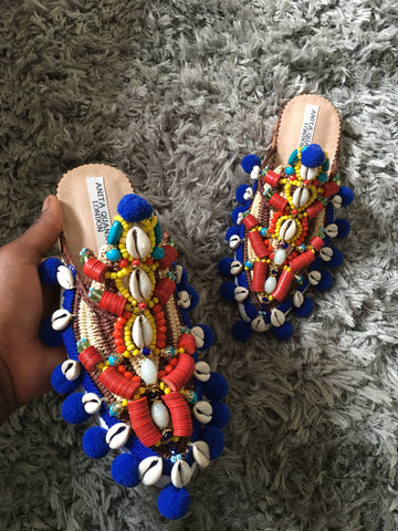 Olena Embellished Beaded Raffia and Leather Pom-Pom Slippers