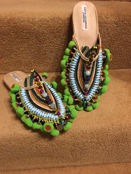 Linza Embellished Beaded Raffia and Leather Slippers