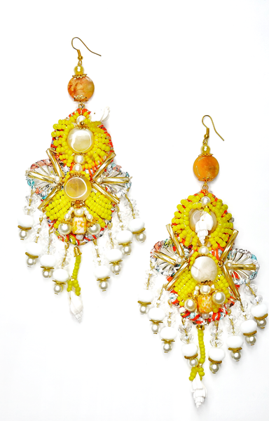 Malia Beaded Crystal Shell and Gemstone Chandelier  Earrings