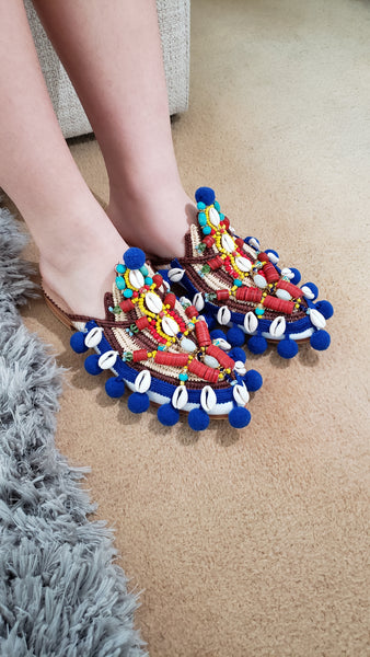 Olena Embellished Beaded Raffia and Leather Pom-Pom Slippers