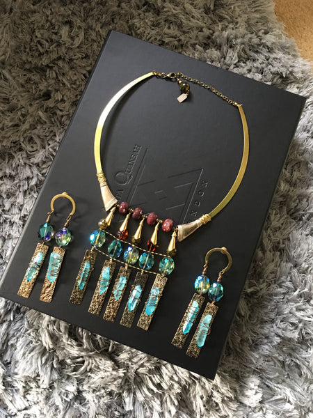 Braulia Gold Plated Recycled Hammered Brass Turquoise Blue Raw Natural Rock Titanium Crystal Wrapped Pendant Necklace With Botswana Agates and Madagascan Tourmaline Gemstones