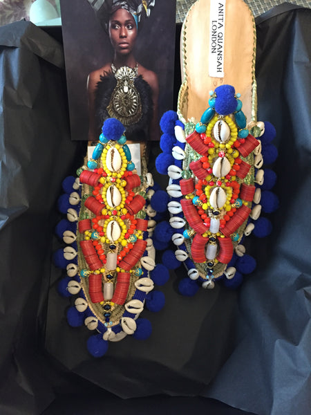 Olena Embellished Beaded Raffia and Leather Pom-Pom Slippers