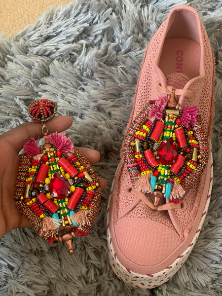 Ihuoma Glass and Vinyl Beaded Embellished Tassel Drop Post Earrings with Inlaid Red Teardrop Crystals