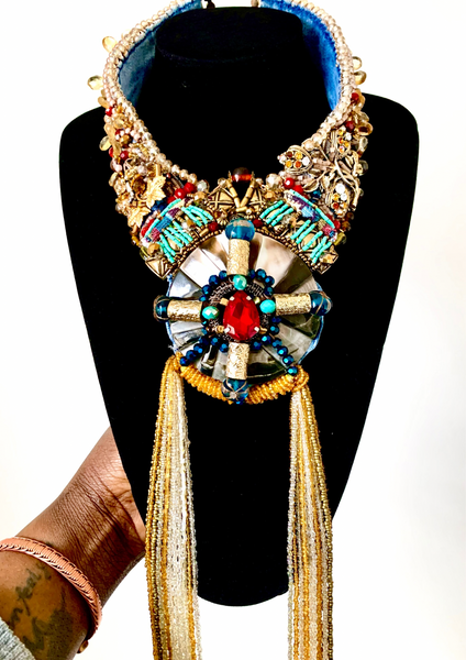 Recycled Denim Necklace with Gold, White & Champagne Glass Beaded Tassels