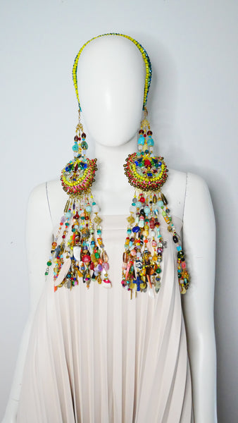 Irene Colourful Multi-Beaded Swarovski Crystal and Gemstone Embellished Fringe Pendant  Headpiece and Neckpiece