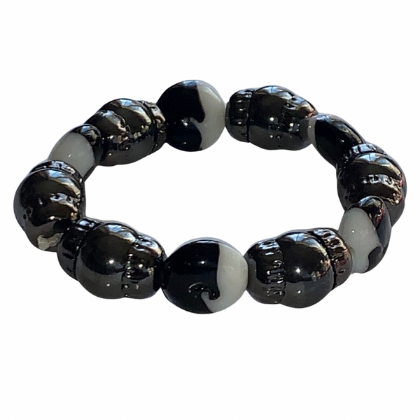 Men’s Black Hematite & Onyx Beaded Bracelet Set with African Vinyl Discs, Gunmetal Caps & Silver Detailing