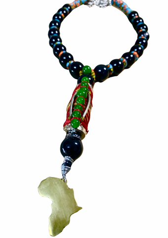 Men’s Round Hematite and Ghanaian Recycled Krobo Glass Beaded Necklace