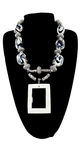 Zebra Motif Resin Beaded, Tibetan Silver and Mother of Pearl Necklace