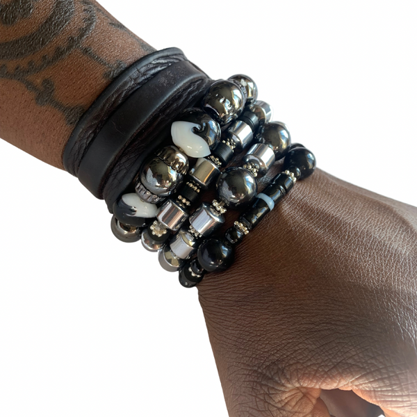 Men’s Black Hematite & Onyx Beaded Bracelet Set with African Vinyl Discs, Gunmetal Caps & Silver Detailing