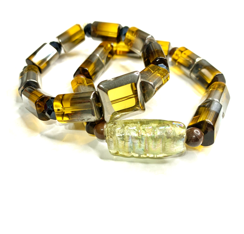 Unisex Amber Glass Stretchy Beaded Jasper and Crystal Bracelet with Metallic Accents and Iridescent Focal Bead