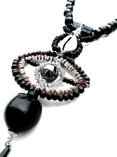 Men’s Black Beaded All-Seeing Eye Pendant Necklace with Spike Charm