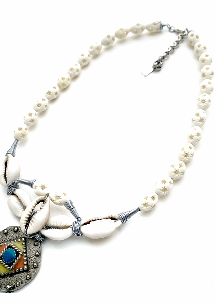 Unisex Boho Necklace with Antiqued Silver Berber Amulet from Maroc and Cowrie Shells