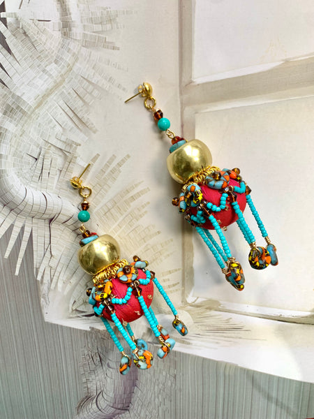 Sanaa Glass-Beaded Beaded Tassel Statement Earrings