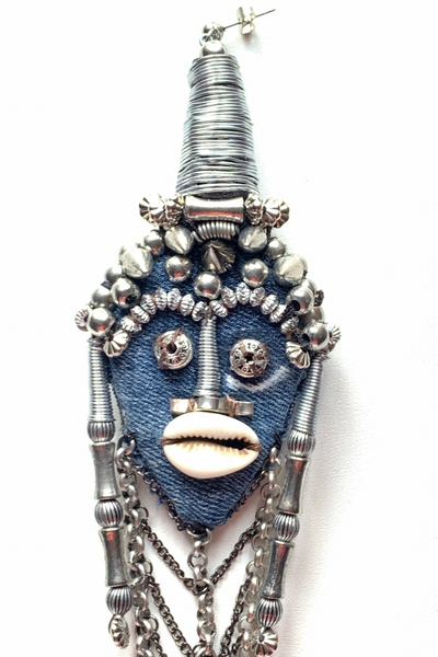 Okeagwu & Nneagwu Silver Crown Beaded Sculptural Face Statement Post Earrings 