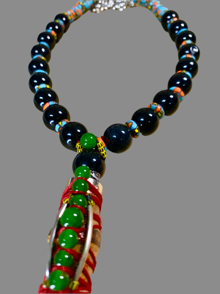 Men’s Round Hematite and Ghanaian Recycled Krobo Glass Beaded Necklace